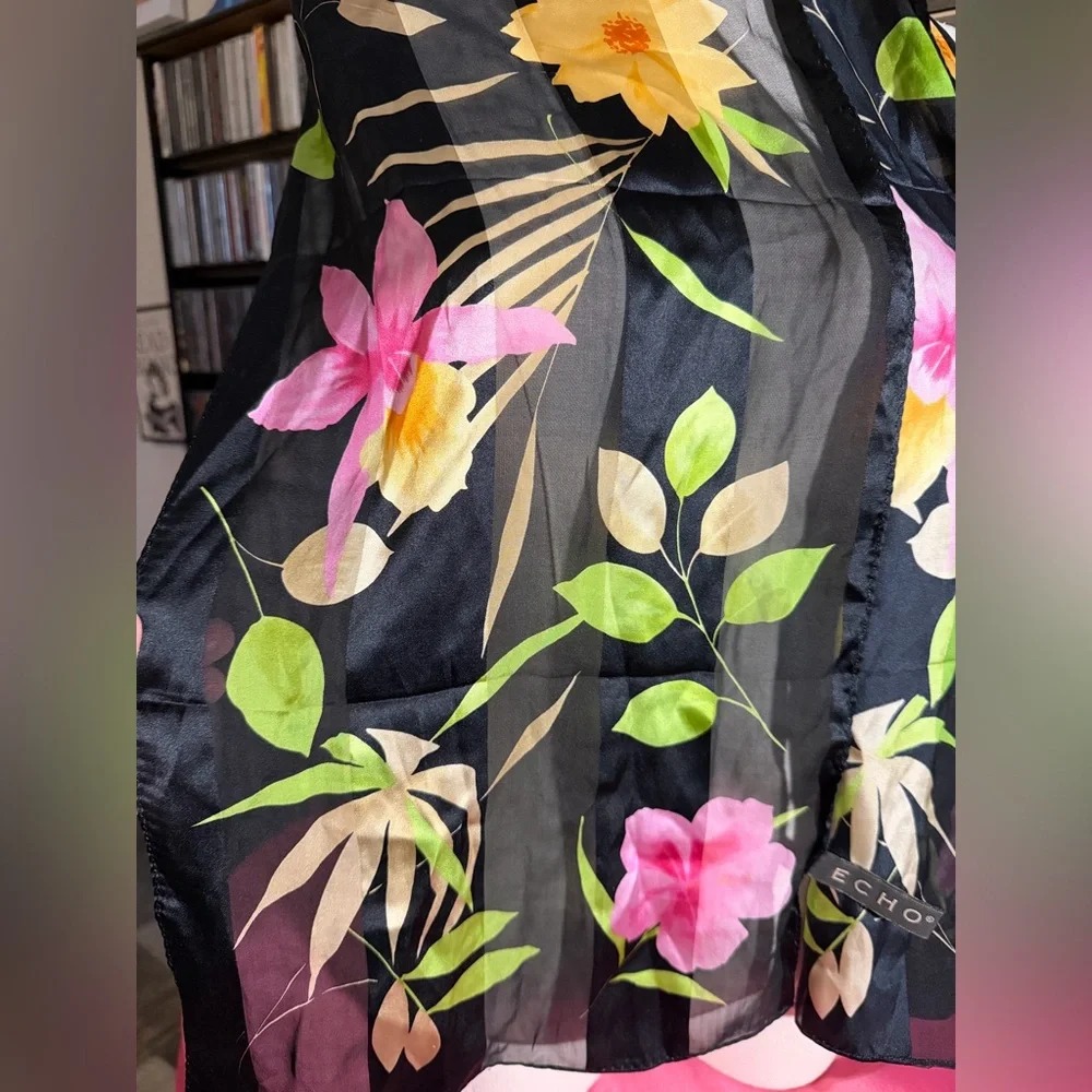 Echo 100% Silk Floral Scarf Sheer Lightweight - Picture 5 of 5
